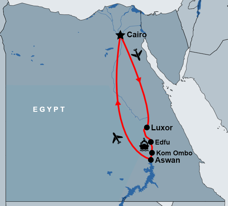 Cairo and 4 Nights Nile Cruise Luxor to Aswan map Cairo and 4 Nights Nile Cruise Luxor to Aswan map